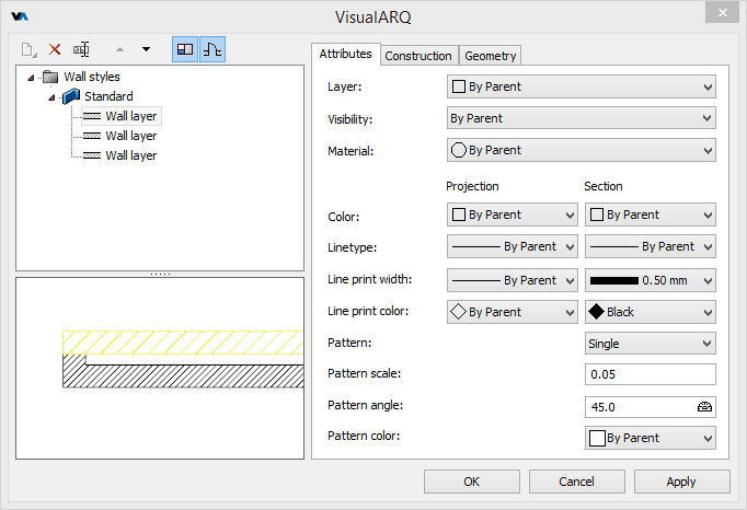 Attributes tab at the wall styles dialog
