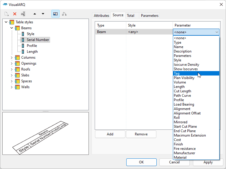 Table Styles Edit Parameter