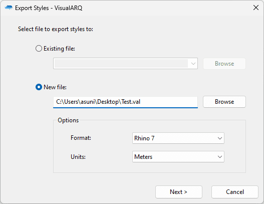 Select file to export styles to