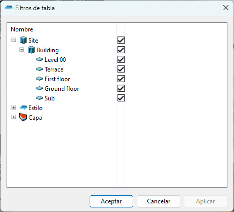Diálogo de filtros de tabla.