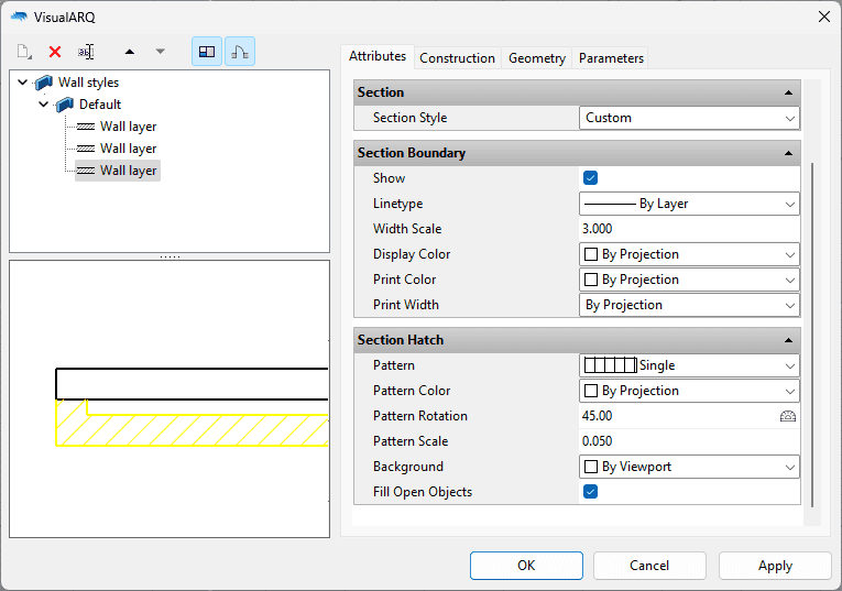 Attributes tab in the wall styles dialog