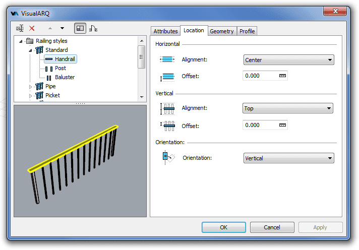 Style Manager dialog box for the Railing object.