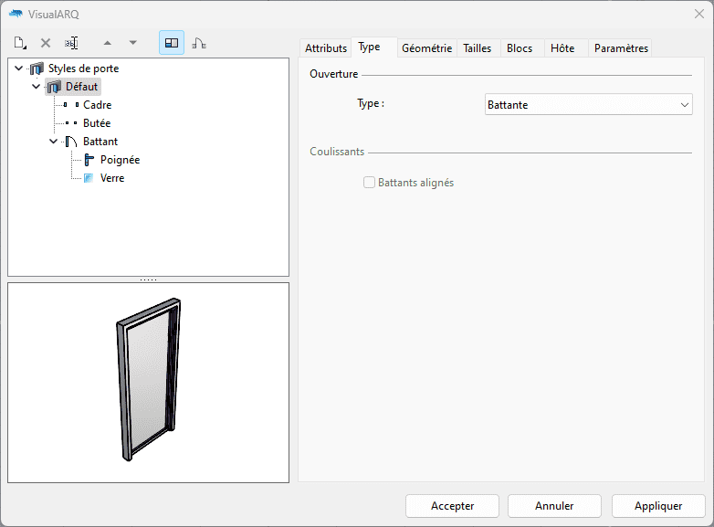 Gestionnaire de styles pour l'objet Porte.