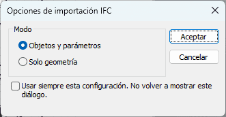 Diálogo de opciones de importación IFC