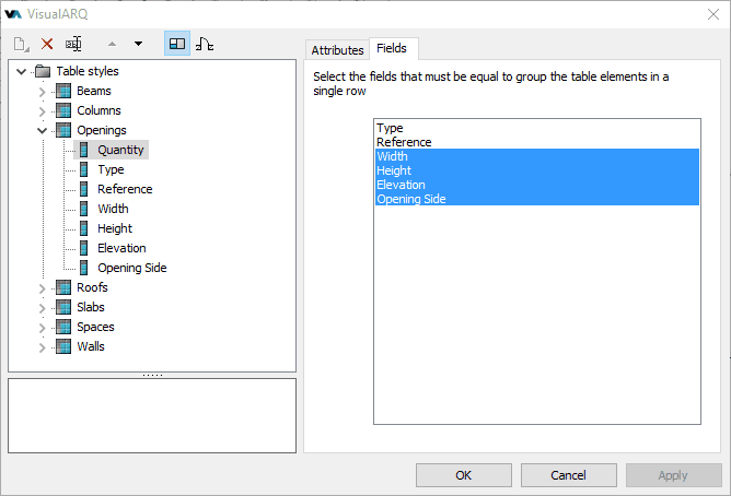 Style Manager dialog box for the Table object, Fields tab