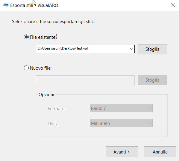Selezionare il file esistente