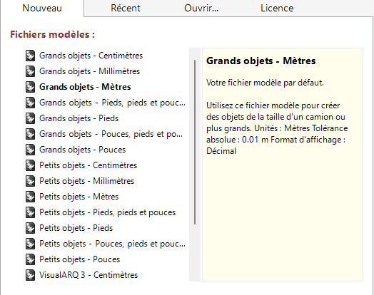 Liste de modèles de Rhino et VisualARQ.