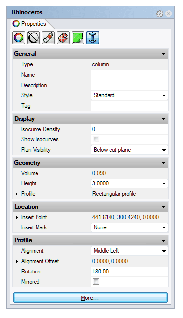 VisualARQ Properties Section for the Column object, in Rhino Properties dialog box.