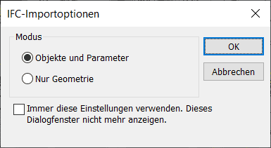 Dialog der IFC-Importoptionen