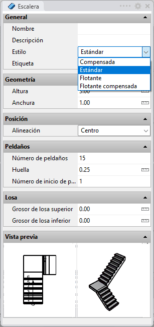 Cuadro de inserción del objeto Escalera.