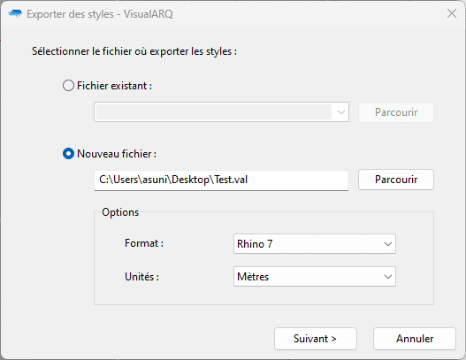 Sélectionner le fichier où exporter les styles