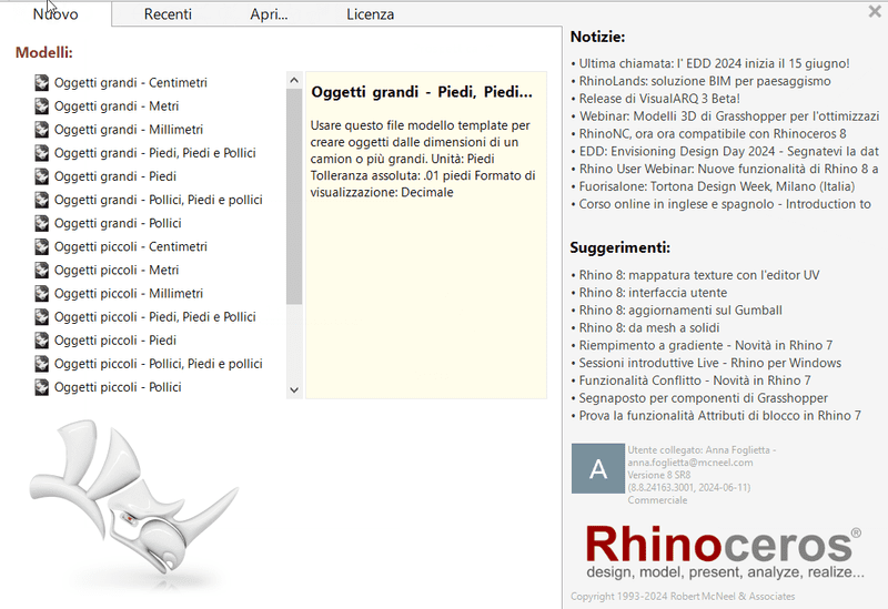 Elenco dei modelli di Rhino e VisualARQ.