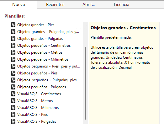 Lista de plantillas de Rhino y VisualARQ.