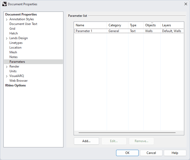 Parameters section in the Rhino Document Properties