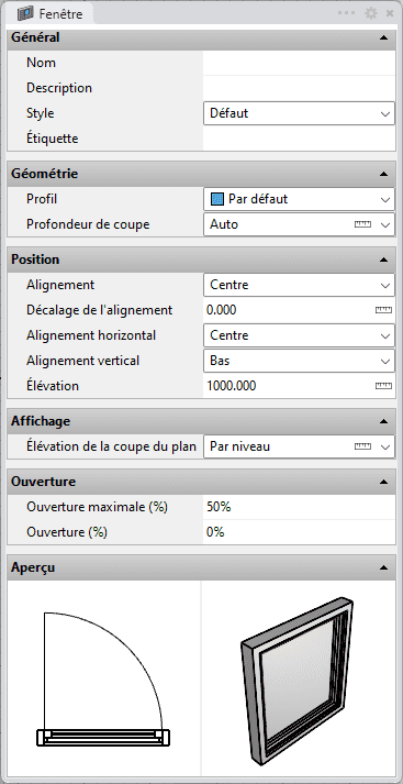 Boîte de dialogue d'insertion des fenêtres
