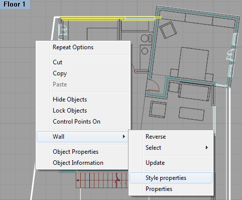 Context menu and options for the Wall object.