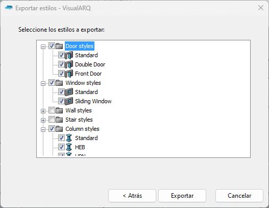 Elegir los estilos de objeto a importar