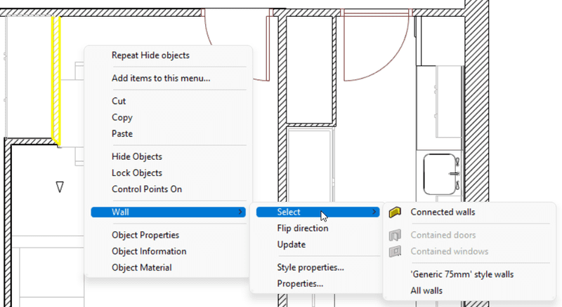 Context menu and options for the Wall object.