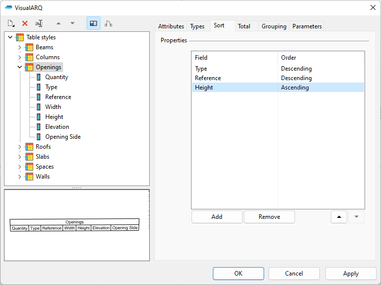 Style Manager dialog box for the Table object, Sort tab