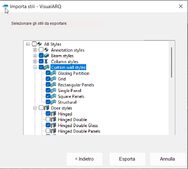Selezionare gli stili di oggetto da esportare