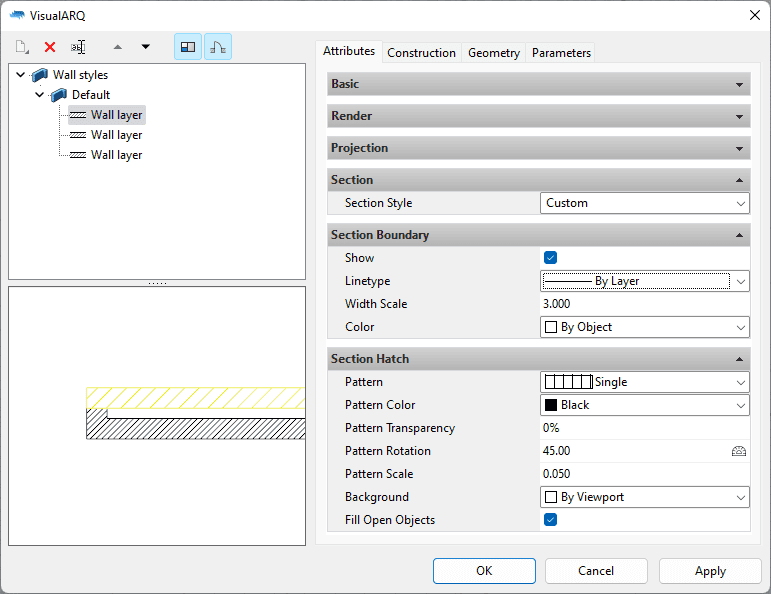 Attributes tab in the wall styles dialog