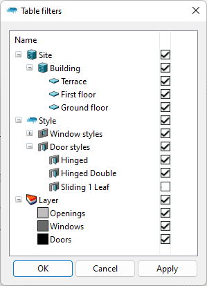 Table Filters dialog.