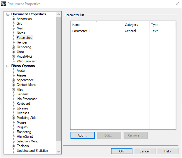 Parameters section in the Rhino Document Properties