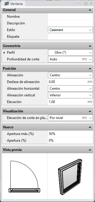 Cuadro de inserción del objeto Ventana.