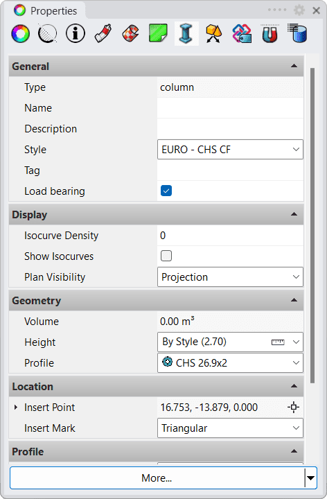 VisualARQ Properties Section for the Column object, in Rhino Properties dialog box.