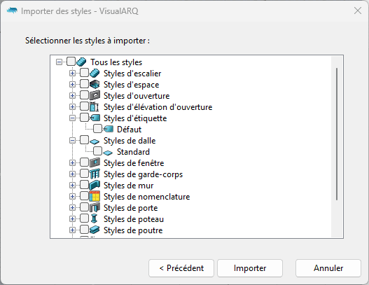 Sélectionnez les styles d'objets à importer