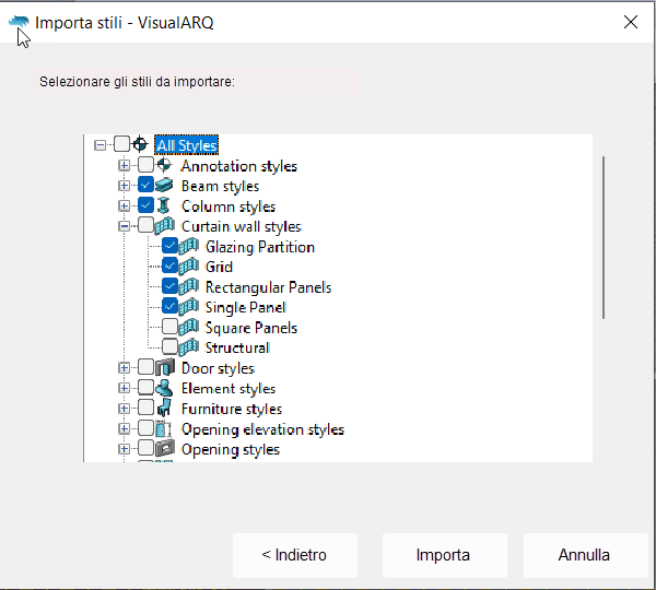 Selezionare gli stili di oggetto da importare