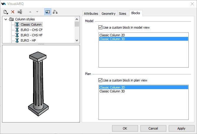 Style Manager dialog box for the Column object, Blocks tab.