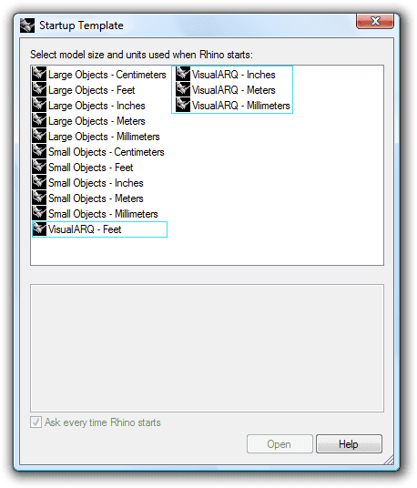 Rhino and VisualARQ template list.