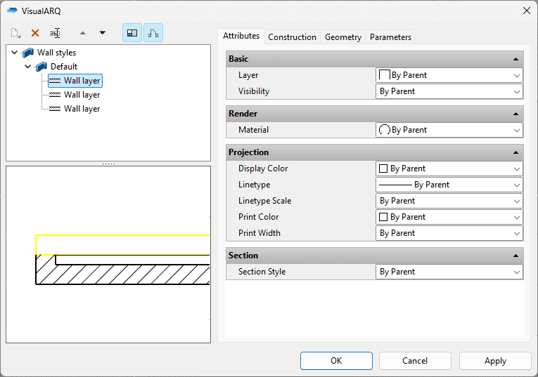 Attributes tab at the wall styles dialog