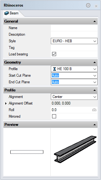 Beam insertion dialog box