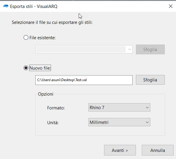 Selezionare il file su cui esportare gli stili