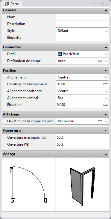 Boîte de dialogue d'insertion des portes