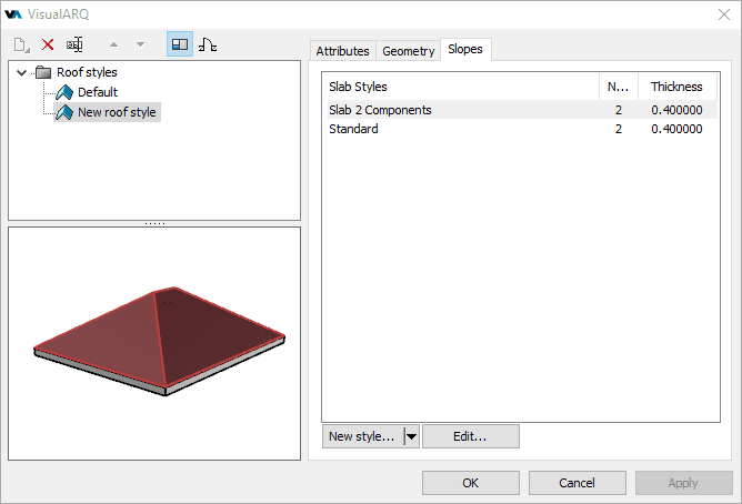 Style Manager dialog box for the Roof object.