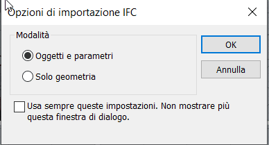 Finestra di dialogo delle opzioni di importazione IFC