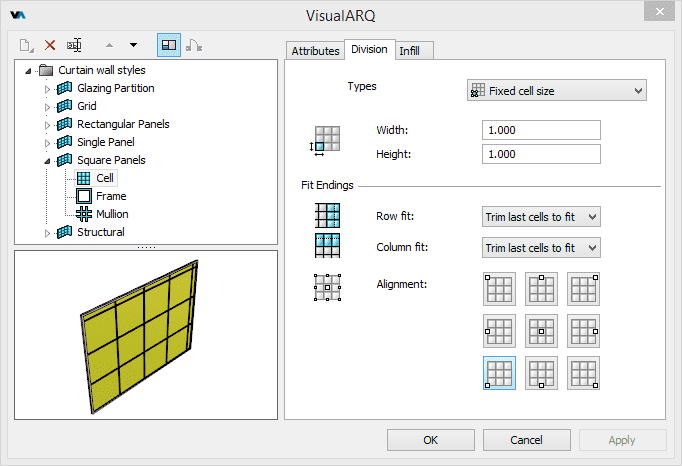 Style Manager dialog box for the Curtain Wall object.