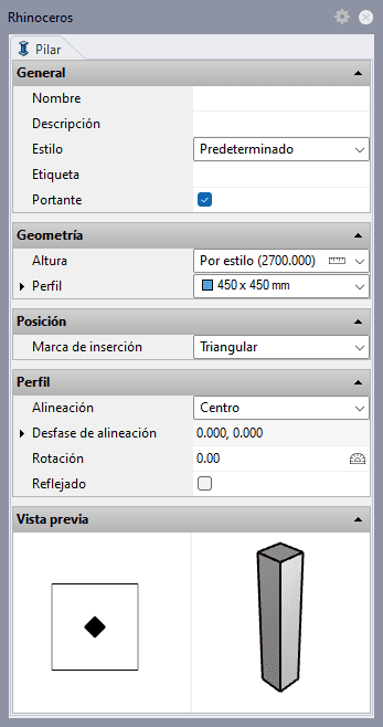 Cuadro de inserción del objeto Pilar.