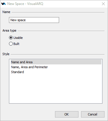 Insert dialog box for the Space object.
